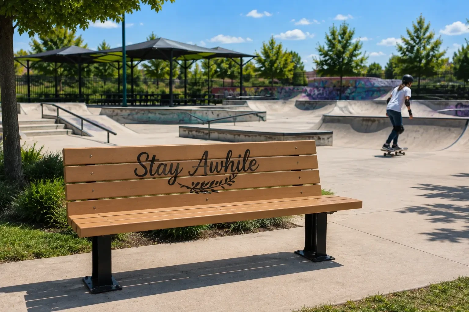Park bench with “Stay Awhile” lettering provides spectator seating beside a community skate park.